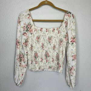 American Eagle Top Women L Floral Milkmaid Blouse Smocked Romantic Cottage Core